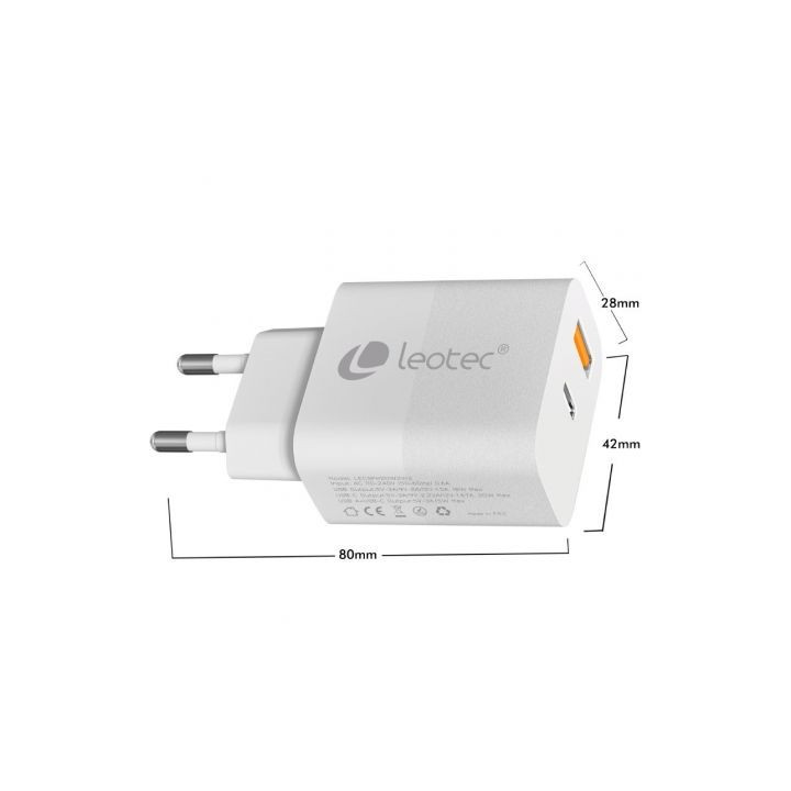 Cargador de pared leotec lecsph20w2w2/ 1xusb tipo-c/ 1xusb/ 20w