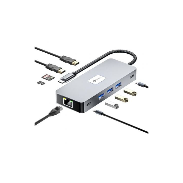 Docking usb tipo-c leotec leds02/ 3xusb/ 1xusb tipo-c/ 1xusb tipo-c pd/ 2xhdmi 4k/ 1xrj45/ 1xlector tarjetas sd y microsd/ gris