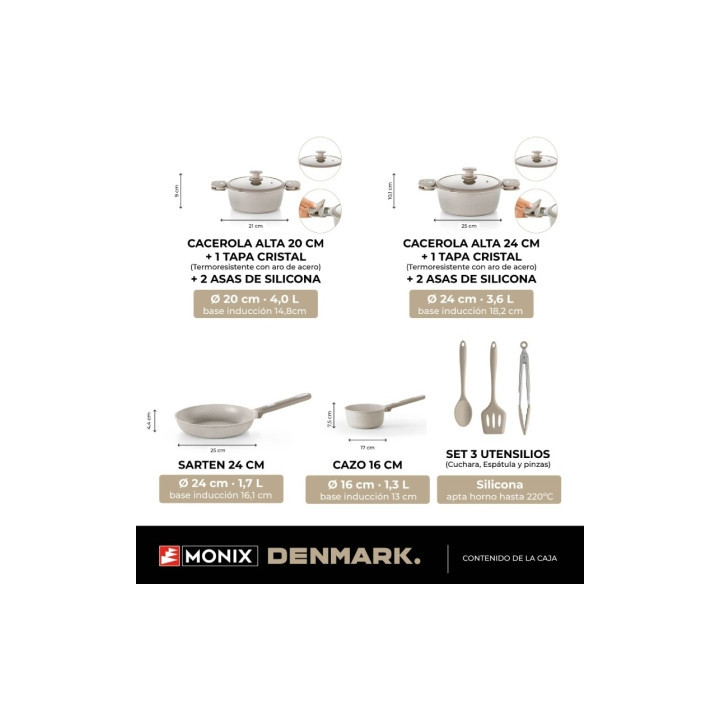 Pack batería de cocina monix denmark/ cazo ø16cm/ sarten ø24cm/ cacerolas ø20 - 24cm/ aluminio fundido/ apta para inducción