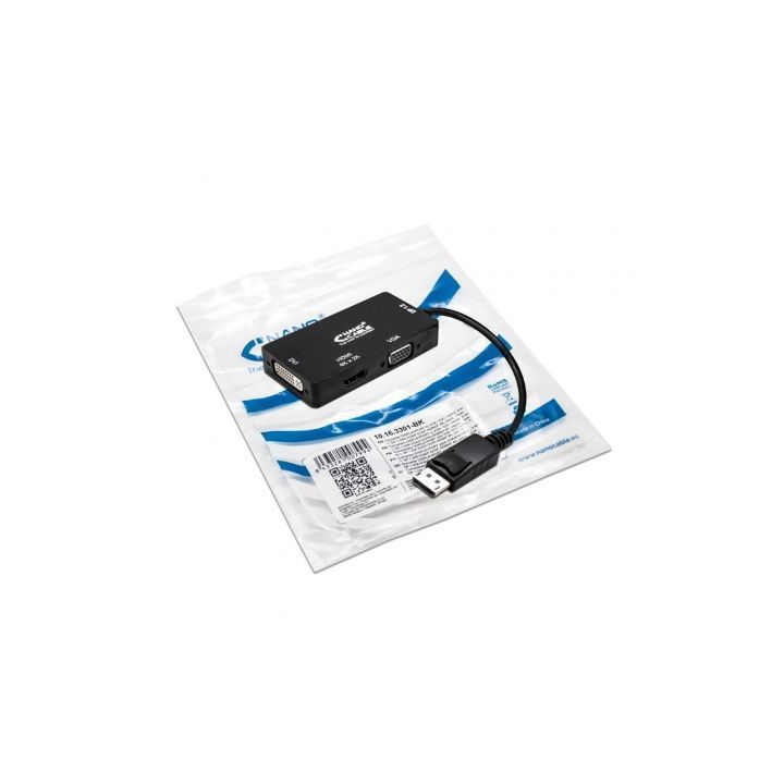 Cable conversor nanocable 10.16.3301-bk/ displayport macho - vga hembra/ dvi hembra/ hdmi hembra/ 15cm/ negro
