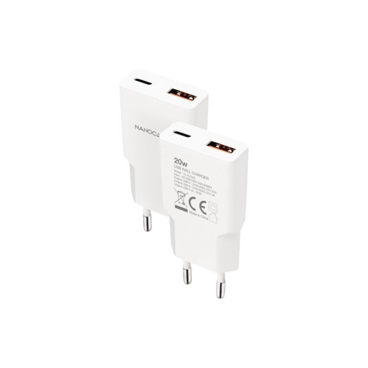 Cargador de pared nanocable 10.10.2022/ 1xusb tipo-c/ 1xusb/ 20w/ blanco