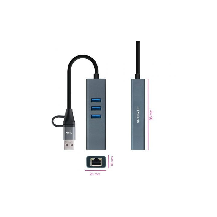 Hub usb + usb tipo-c 3.0 nanocable 10.03.0412/ 3xusb/ 1xrj45/ gris