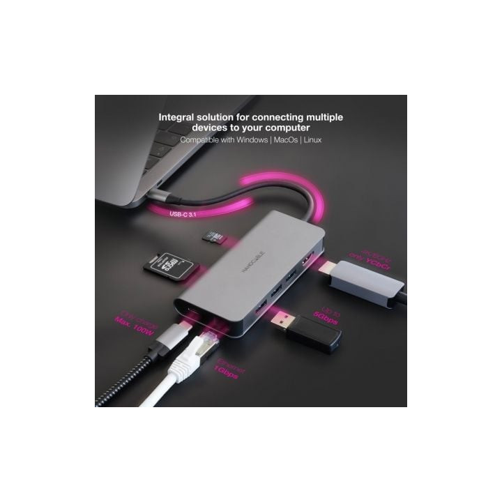 Docking tipo-c nanocable 10.16.4609/ 3xusb/ 1xhdmi 4k/ 1xrj45/ 1xlector tarjetas/ 1xusb tipo-c pd/ gris