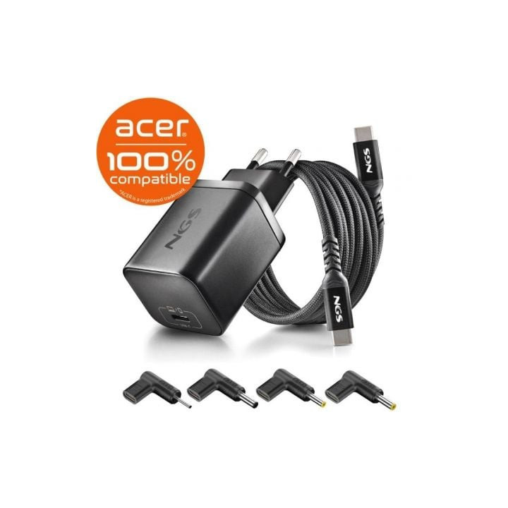Cargador de portátil gan ngs bud65w-ac para acer/ 1xusb tipo-c/ 65w/ automático/ 4 conectores/ voltaje 5-20v