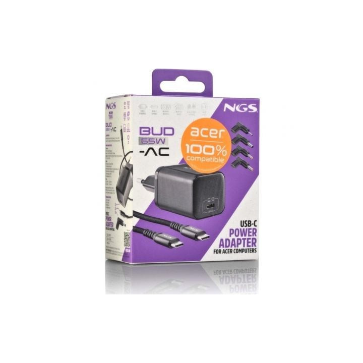Cargador de portátil gan ngs bud65w-ac para acer/ 1xusb tipo-c/ 65w/ automático/ 4 conectores/ voltaje 5-20v
