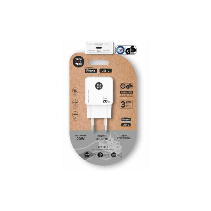 Cargador de pared gan tech one tech gan tec2220/ 1xusb tipo-c/ 20w/ blanco