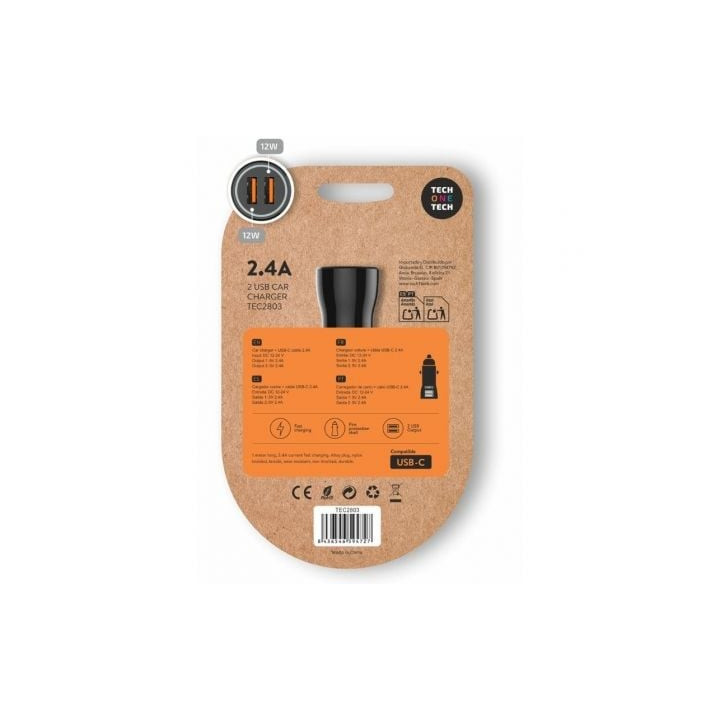 Cargador de coche tech one tech tec2803/ 2xusb + cable usb tipo-c/ 12w