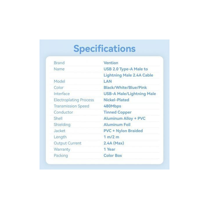 Cable usb 2.0 lightning vention lansf/ usb macho - lightning macho/ 480mbps/ 1m/ azul