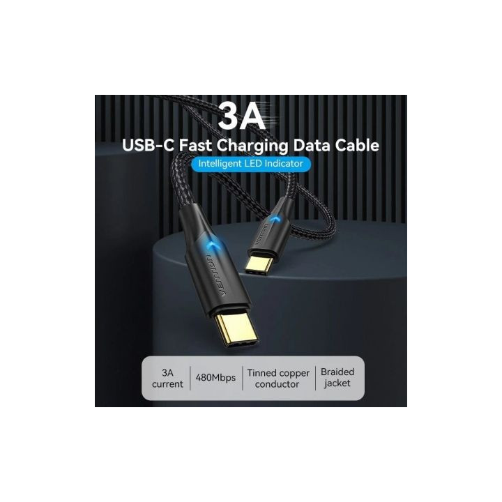 Cable usb 2.0 tipo-c 3a vention taubd/ usb tipo-c macho - usb tipo-c macho/ hasta 60w/ 480mbps/ 50cm/ negro