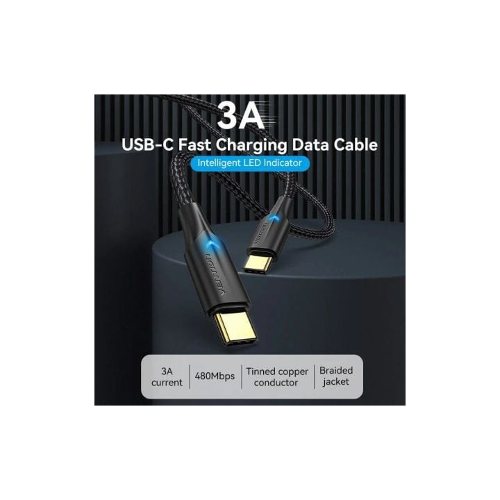 Cable usb 2.0 tipo-c 3a vention taubh/ usb tipo-c macho - usb tipo-c macho/ 480mbps/ 2m/ negro