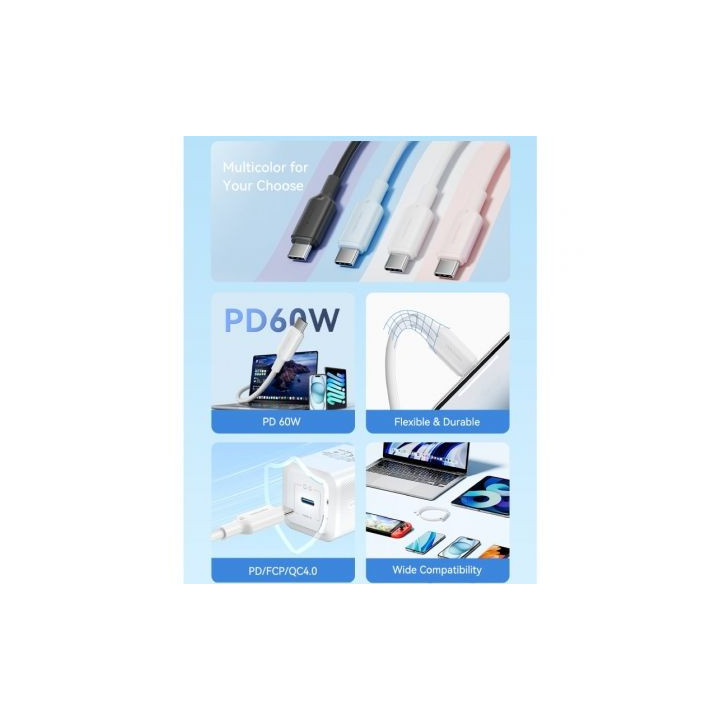 Cable usb 2.0 tipo-c 3a vention trcsh/ usb tipo-c macho - usb tipo-c macho/ hasta 60w/ 480mbps/ 2m/ azul