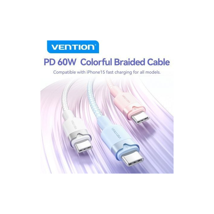 Cable usb 2.0 tipo-c 3a vention trdsf/ usb tipo-c macho - usb tipo-c macho/ hasta 60w/ 480mbps/ 1m/ azul