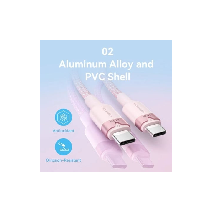 Cable usb 2.0 tipo-c 5a vention tripf/ usb tipo-c macho - usb tipo-c macho/ hasta 240w/ 480mbps/ 1m/ rosa