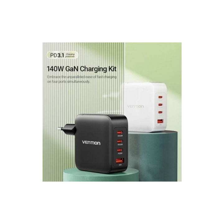 Cargador de pared gan vention feib0-eu/ 3xusb tipo-c + cable usb tipo-c/ 1xusb/ 140w
