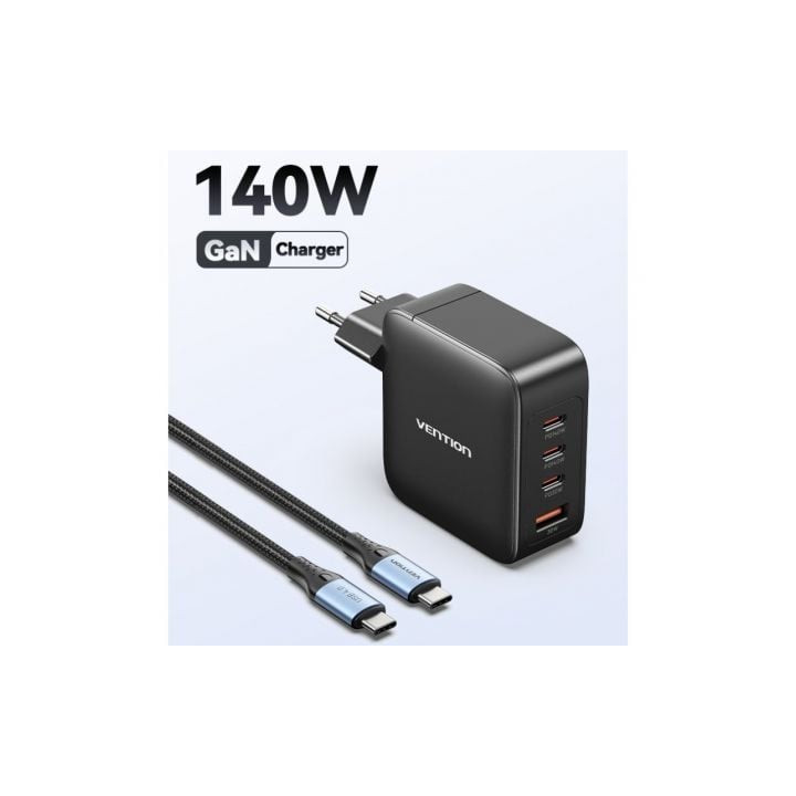 Cargador de pared gan vention feib0-eu/ 3xusb tipo-c + cable usb tipo-c/ 1xusb/ 140w