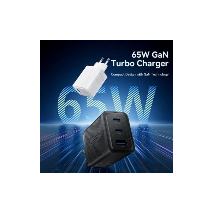 Cargador de pared gan vention ferb0-eu/ 2xusb tipo-c/ 1xusb/ 65w