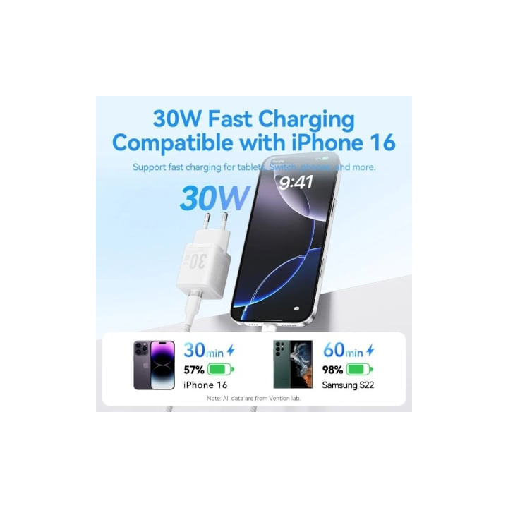 Cargador de pared gan vention fezw0-eu/ 1xusb tipo-c/ 30w