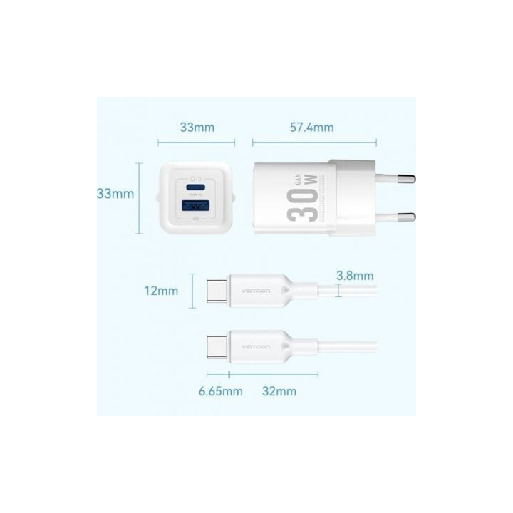 Cargador de pared gan vention tz-feqw0-eu-01/ 1xusb tipo-c/ 1xusb + cable usb tipo-c/ 30w
