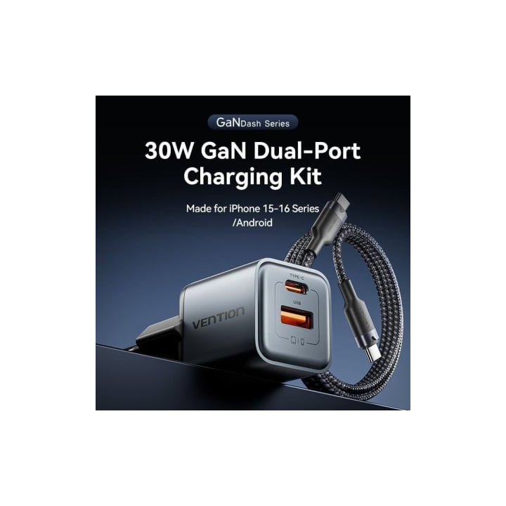 Cargador de pared gan vention tz-fewh0-eu/ 1xusb tipo-c/ 1xusb/ 30w