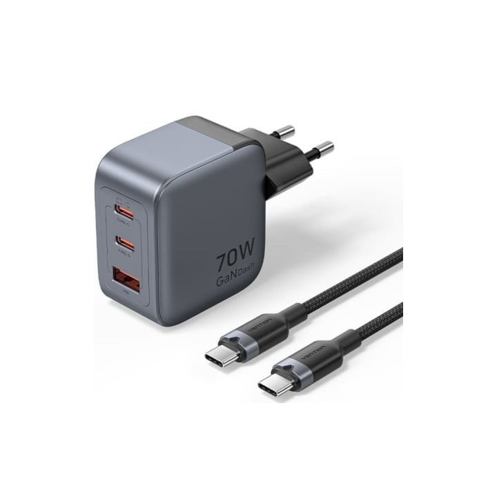 Cargador de pared gan vention tz-fexh0-eu/ 2xusb tipo-c/ 1xusb + cable usb tipo-c/ 70w