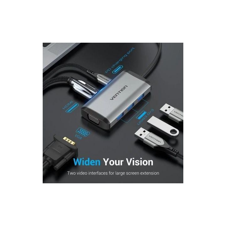 Docking usb tipo-c vention tgshb/ 3xusb/ 1xhdmi 4k/ 1xvga/ 1xusb tipo-c pd/ gris