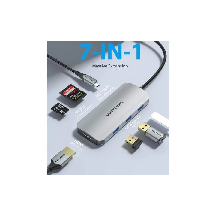 Docking usb tipo-c vention tojhb/ 1xhdmi 4k/ 3xusb/ 1xusb tipo-c/ 1xlector tarjetas/ gris
