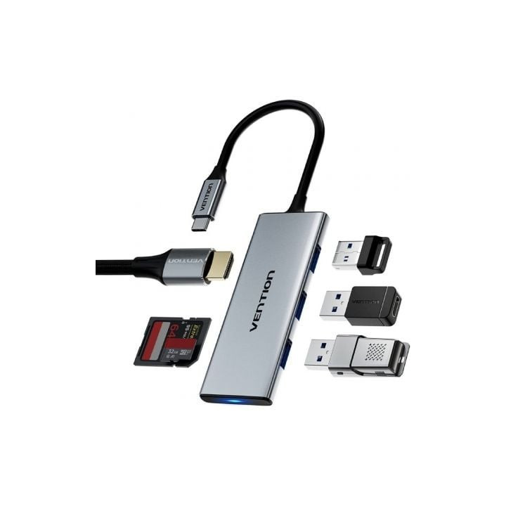 Docking usb tipo-c vention tophb/ 1xhdmi/ 3xusb/ 1xlector tarjetas sd y microsd/ gris