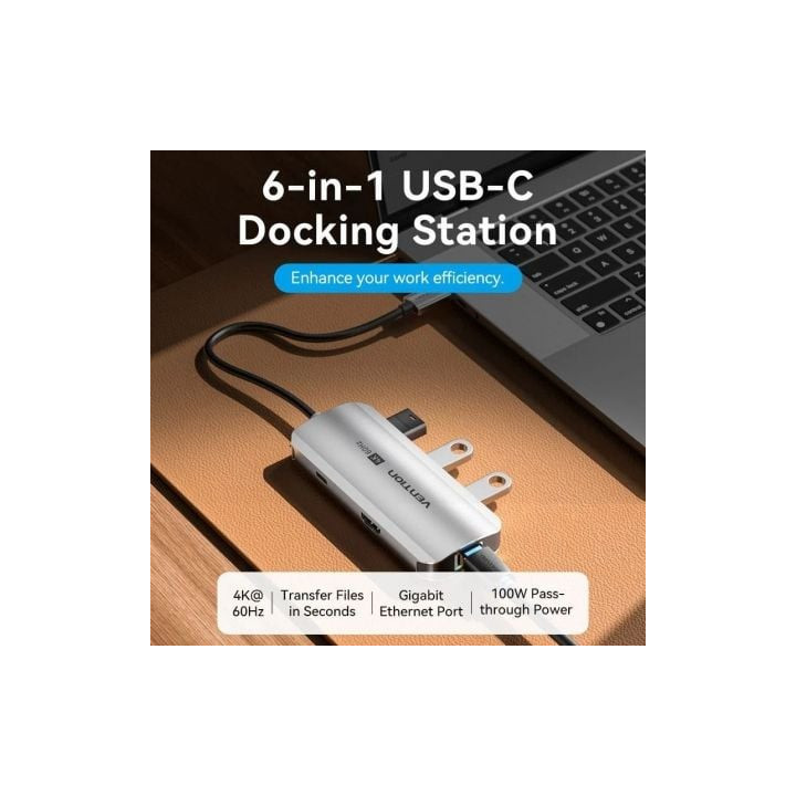 Docking usb tipo-c vention tqhhb/ 1xhdmi 4k/ 3xusb/ 1xusb tipo-c pd/ 1xrj45/ gris