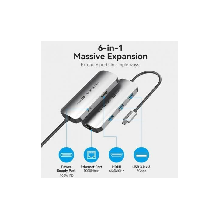 Docking usb tipo-c vention tqhhb/ 1xhdmi 4k/ 3xusb/ 1xusb tipo-c pd/ 1xrj45/ gris