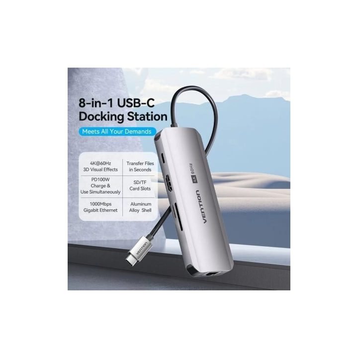 Docking usb tipo-c vention tqkhb/ 1xhdmi 4k/ 3xusb/ 1xusb tipo-c pd/ 1xrj45/ 1xlector de tarjetas/ gris