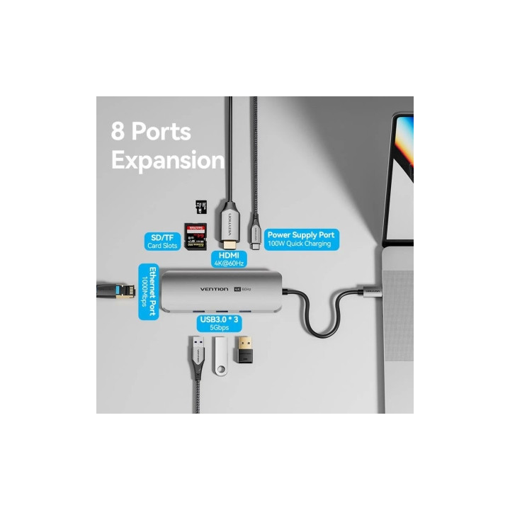 Docking usb tipo-c vention tqkhb/ 1xhdmi 4k/ 3xusb/ 1xusb tipo-c pd/ 1xrj45/ 1xlector de tarjetas/ gris