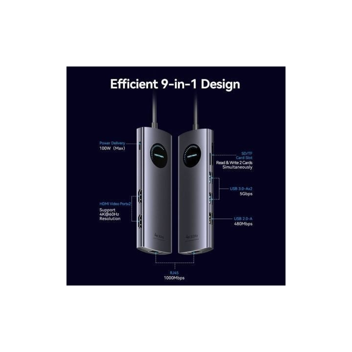 Docking usb tipo-c vention tqvhb/ 2xhdmi 4k/ 3xusb/ 1xrj45/ 1xlector de tarjetas/ 1xusb tipo-c pd/ gris