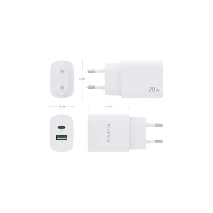 Cargador de pared aisens a110-0754/ 1xusb tipo-c/ 1xusb/ 20w