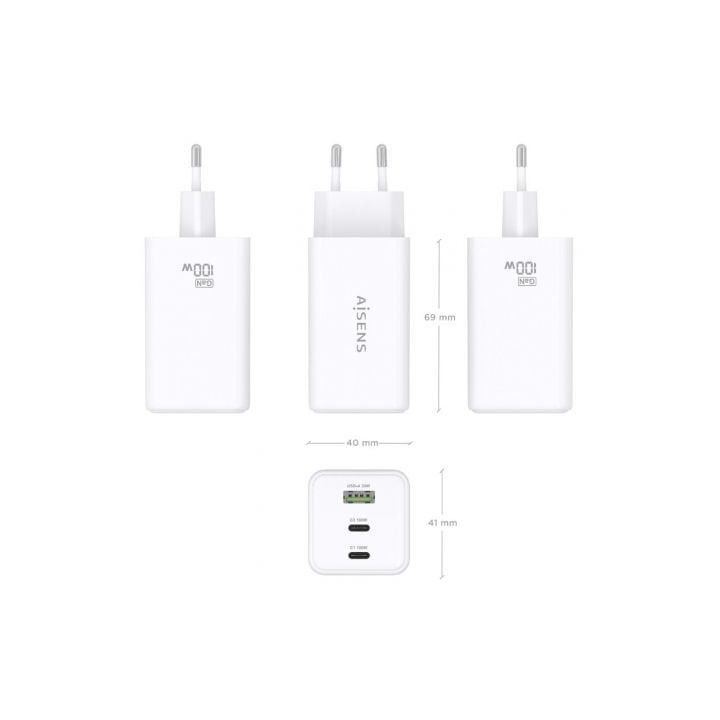 Cargador de pared gan aisens asch-100w3p051-w/ 2xusb tipo-c/ 1xusb/ 100w
