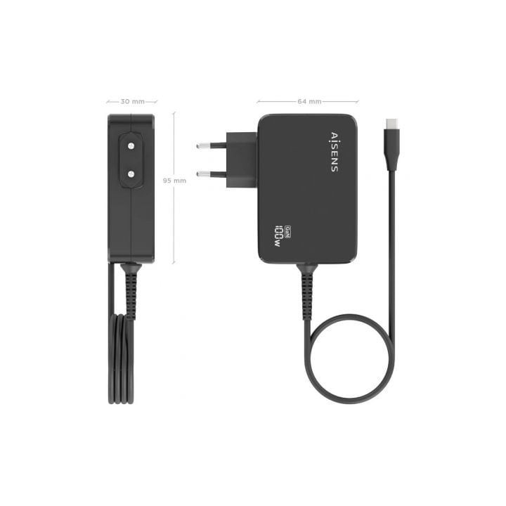 Cargador de portátil gan aisens asch-1pd100wl50-bk usb tipo-c/ 100w/ automático/ voltaje 5-20v