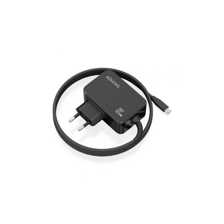 Cargador de portátil gan aisens asch-1pd65wl033-bk/ 1xusb tipo-c + cable 1.8m/ 65w/ automático/ voltaje 5-20v