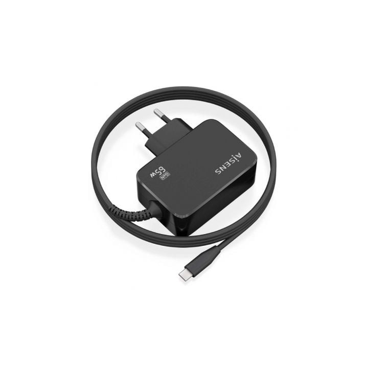 Cargador de portátil gan aisens asch-1pd65wl033-bk/ 1xusb tipo-c + cable 1.8m/ 65w/ automático/ voltaje 5-20v