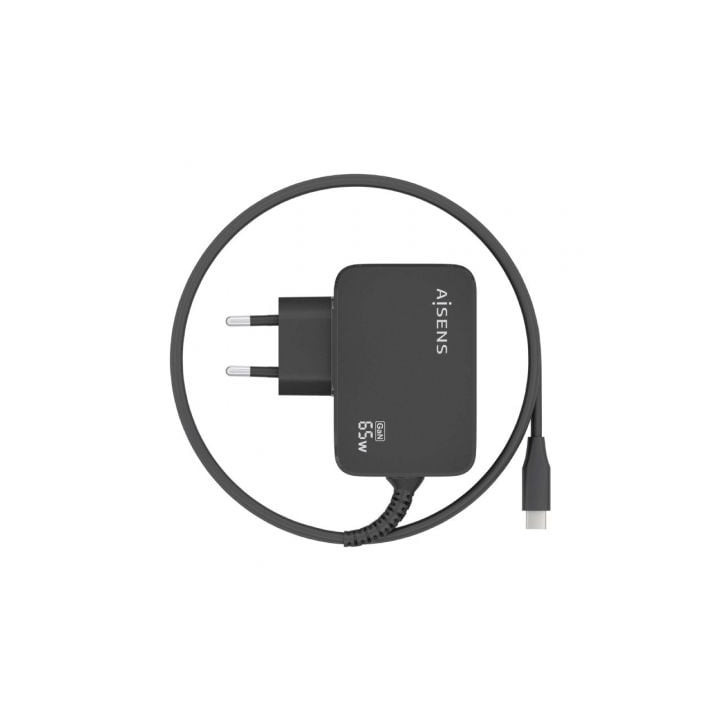 Cargador de portátil gan aisens asch-1pd65wl033-bk/ 1xusb tipo-c + cable 1.8m/ 65w/ automático/ voltaje 5-20v