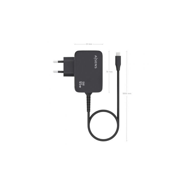 Cargador de portátil gan aisens asch-1pd65wl033-bk/ 1xusb tipo-c + cable 1.8m/ 65w/ automático/ voltaje 5-20v