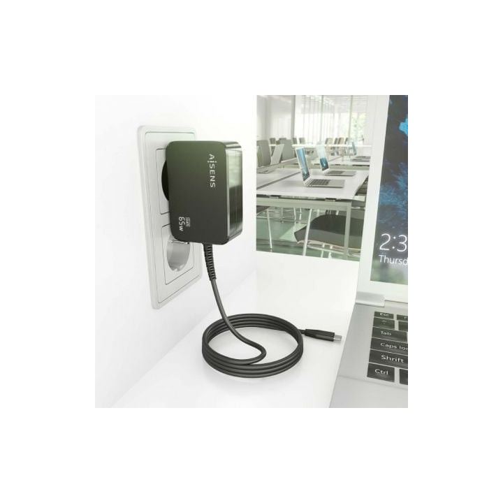Cargador de portátil gan aisens asch-1pd65wl033-bk/ 1xusb tipo-c + cable 1.8m/ 65w/ automático/ voltaje 5-20v