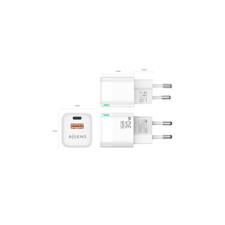 Cargador de pared gan aisens asch-30w2p004-w/ 1xusb tipo-c/ 1xusb/ 30w