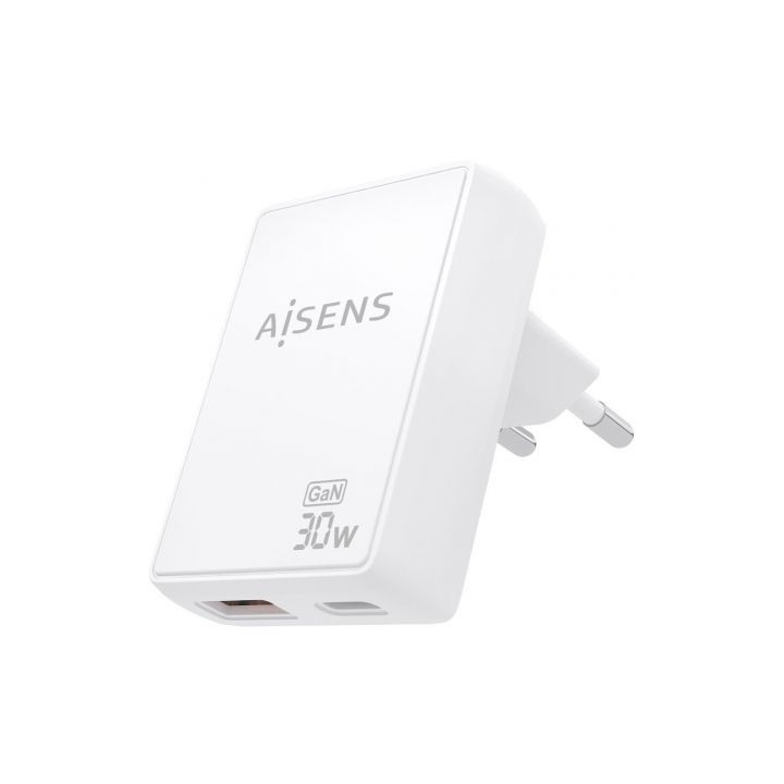 Cargador de pared gan aisens asch-30w2p074-w/ 1xusb tipo-c/ 1xusb/ 30w/ blanco