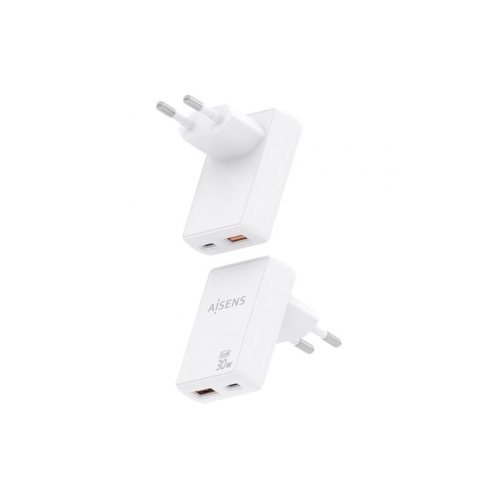 Cargador de pared gan aisens asch-30w2p074-w/ 1xusb tipo-c/ 1xusb/ 30w/ blanco