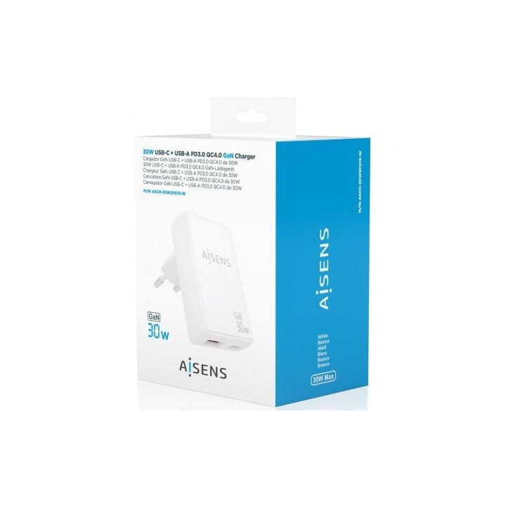 Cargador de pared gan aisens asch-30w2p074-w/ 1xusb tipo-c/ 1xusb/ 30w/ blanco