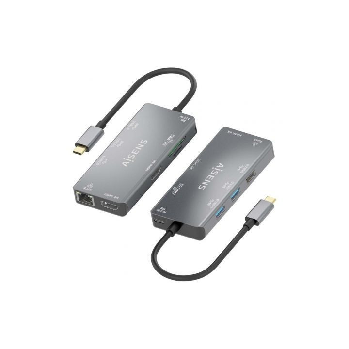 Docking usb tipo-c aisens asuc-9p018-gr/ 2xhdmi 4k/ 3xusb/ 1xrj45/ 1xlector tarjetas/ 1xusb tipo-c pd/ gris