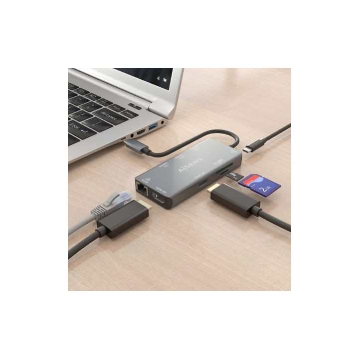 Docking usb tipo-c aisens asuc-9p018-gr/ 2xhdmi 4k/ 3xusb/ 1xrj45/ 1xlector tarjetas/ 1xusb tipo-c pd/ gris