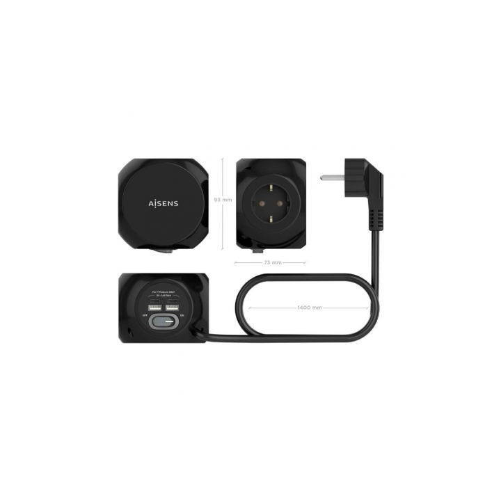 Regleta con interruptor aisens asps-2a2c05-bk/ 3 tomas de corriente/ 2 usb tipo-c/ 2 usb/ cable 1.4m/ negro