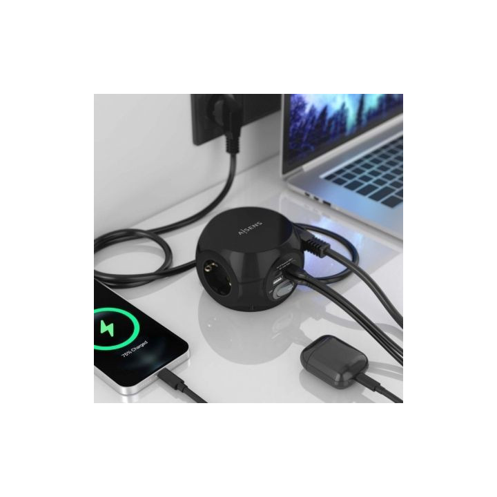 Regleta con interruptor aisens asps-2a2c05-bk/ 3 tomas de corriente/ 2 usb tipo-c/ 2 usb/ cable 1.4m/ negro