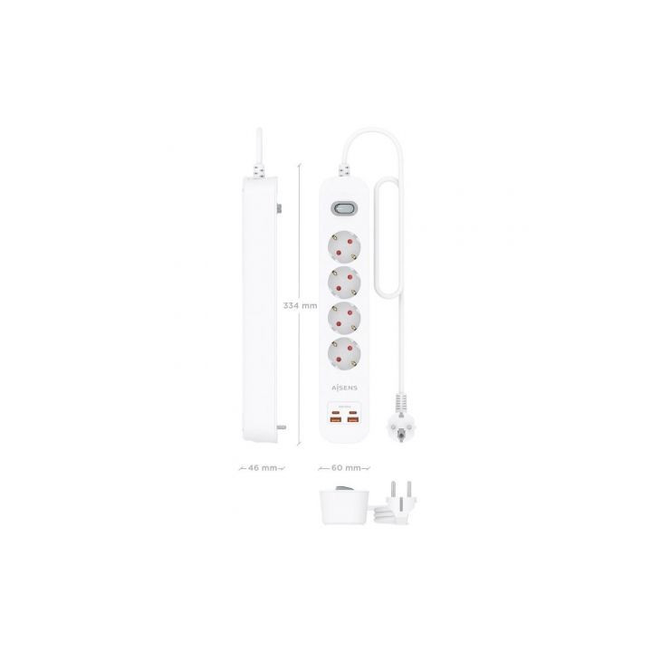 Regleta con interruptor aisens asps-2a2c12-w/ 4 tomas de corriente/ 2 usb - 2 usb tipo-c/ cable 1.4m/ blanco